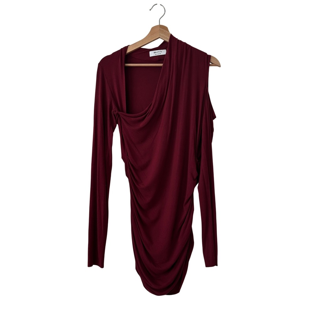 Bailey 44 Burgundy Asymmetric Cold Shoulder Ruched Draped Dress Large 410-B834